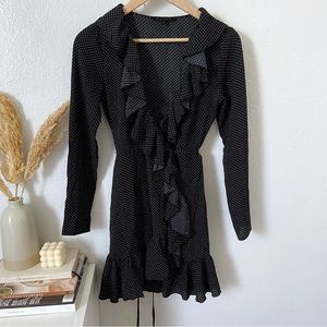 Black and white polkadot wrap around dress